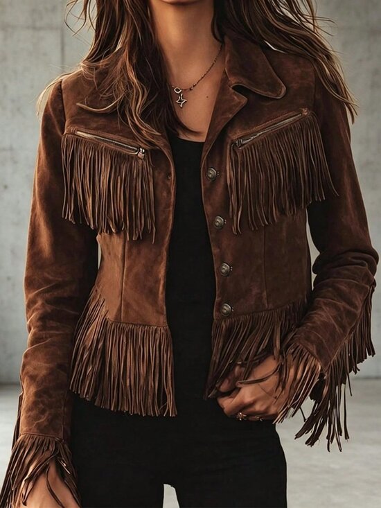 Jackets & Blazers - Brown Casual Boho Women's Fringe Trim Regular Fit Single Breast Short Shacket